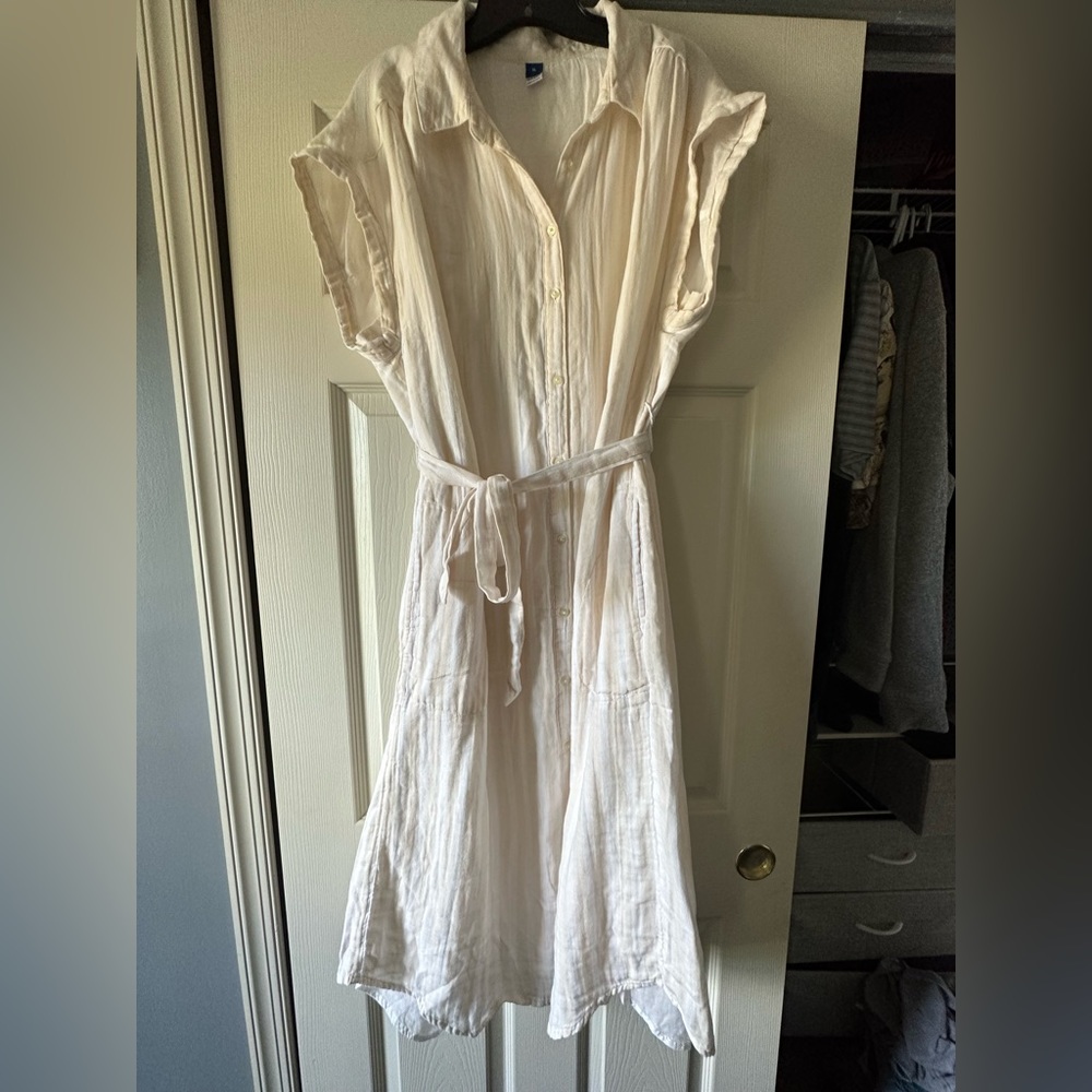 Short-Sleeve Waist-Defined Striped Midi Shirt Dress for Women
